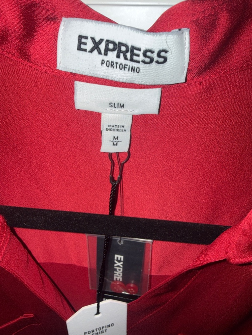 Express Red Satin Button-Front Blouse - Picture 3 of 5